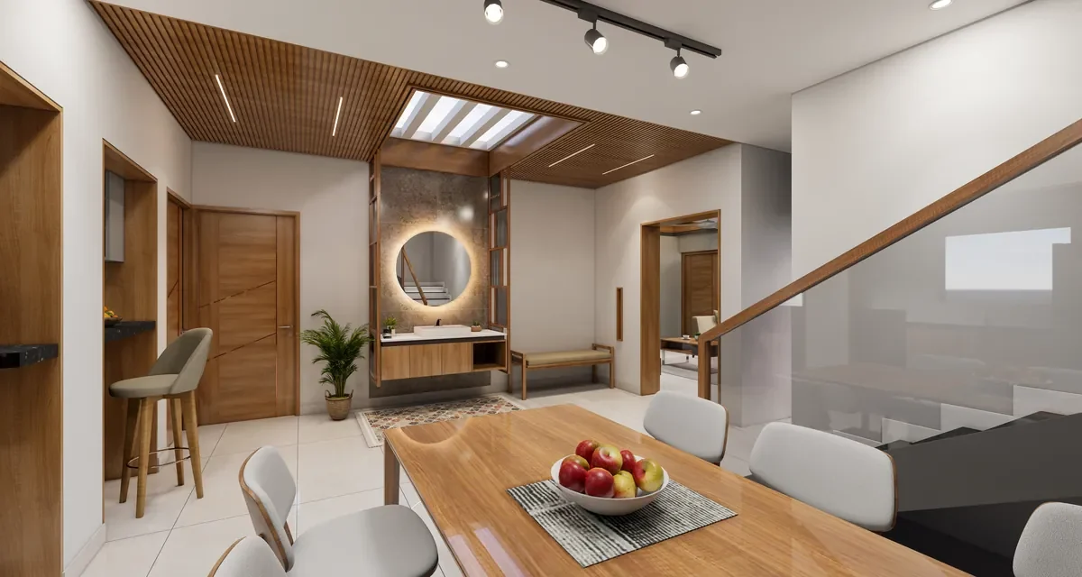 Dining area with staircase and wash counter, residence in Pothencode, Trivandrum - interior design by Radianz, architects in Trivandrum
