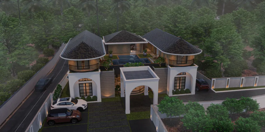 Colonial-style villa with courtyard pool, PTP Nagar, Trivandrum, designed by Radianz