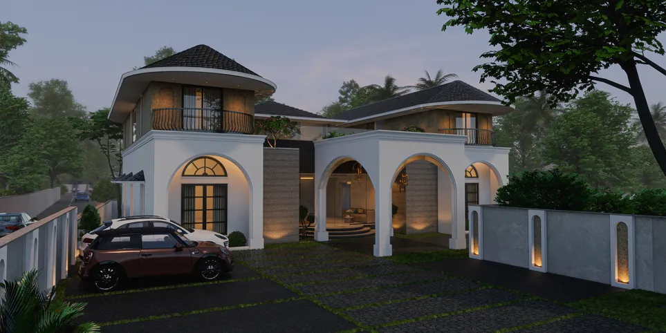 Colonial-style villa with arched portico elevation at dusk, PTP Nagar, Trivandrum - architecture by Radianz, architects in Trivandrum