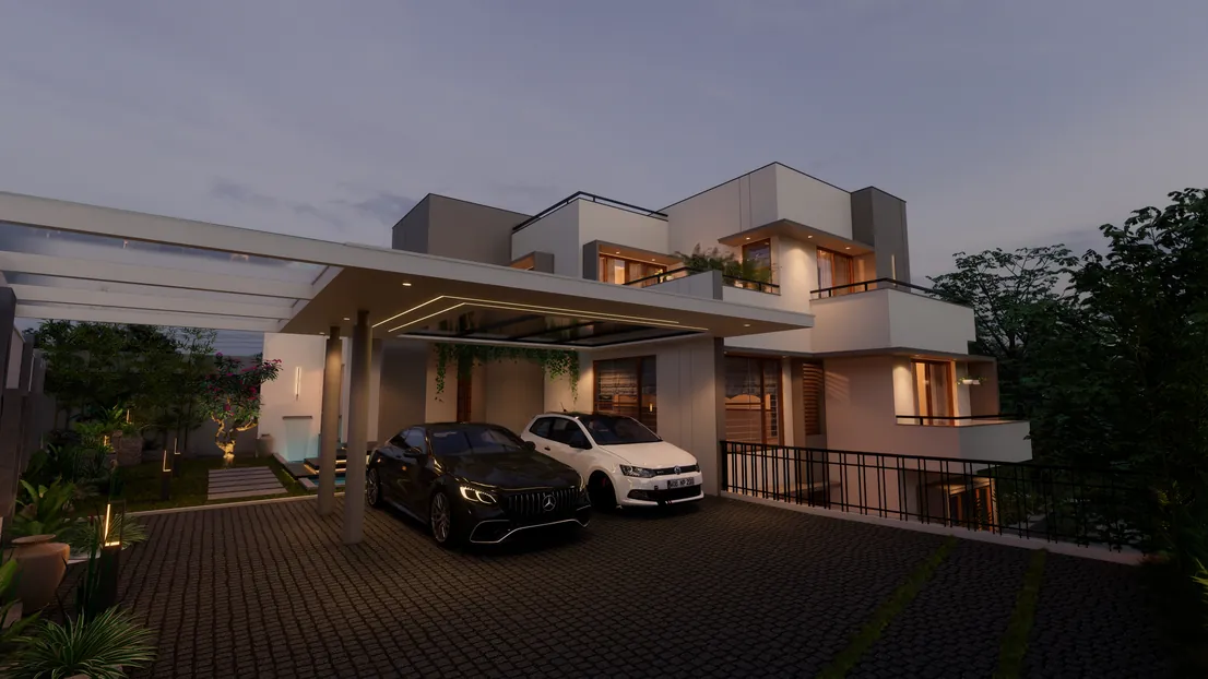 Contemporary house with carport and paved driveway at dusk, Thirumala, Trivandrum - architecture by Radianz, architects in Trivandrum