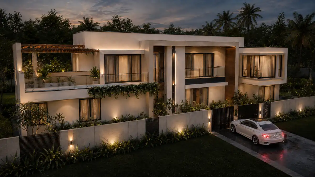 Contemporary two-storey house elevation lit at dusk, with a pergola terrace and planted compound wall, Kaniyapuram, Trivandrum