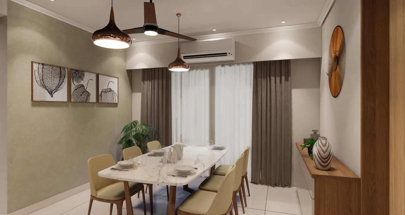 Dining room with marble table and framed prints, Kazhakkoottam, Trivandrum - interior design by Radianz, architects in Trivandrum
