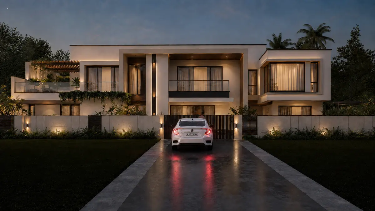 Double-storey contemporary house front elevation in Kaniyapuram, Trivandrum