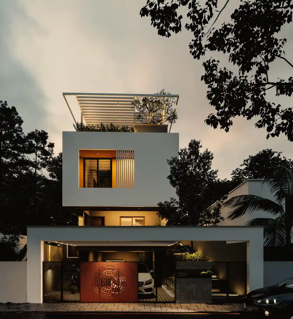 Narrow three-storey home at dusk with stacked white volumes, a rooftop pergola and a carved screen at the car porch