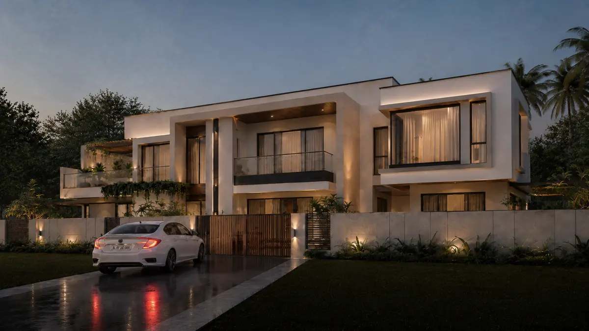 Flat-roof modern house side elevation at dusk in Kaniyapuram, Trivandrum