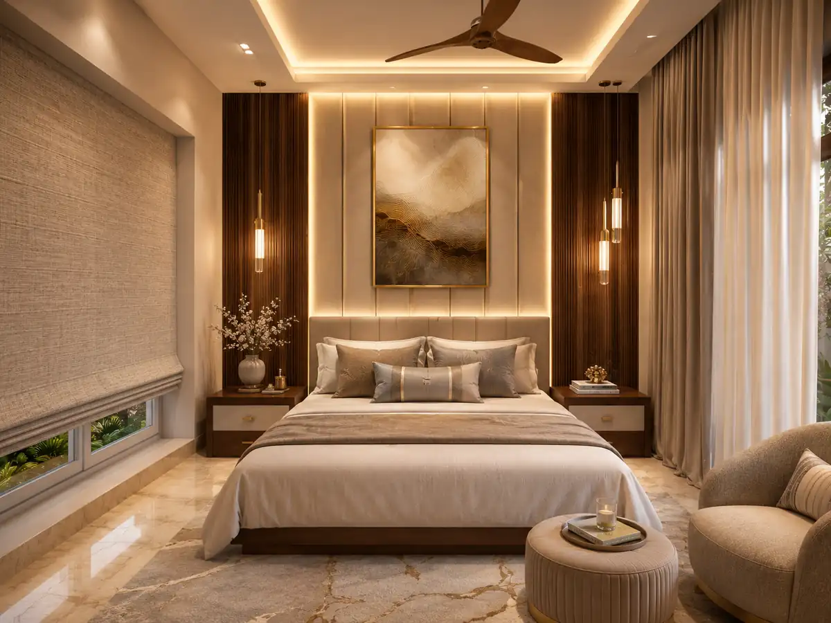 Guest bedroom interior with wooden fluted wall, Kerala home in Trivandrum