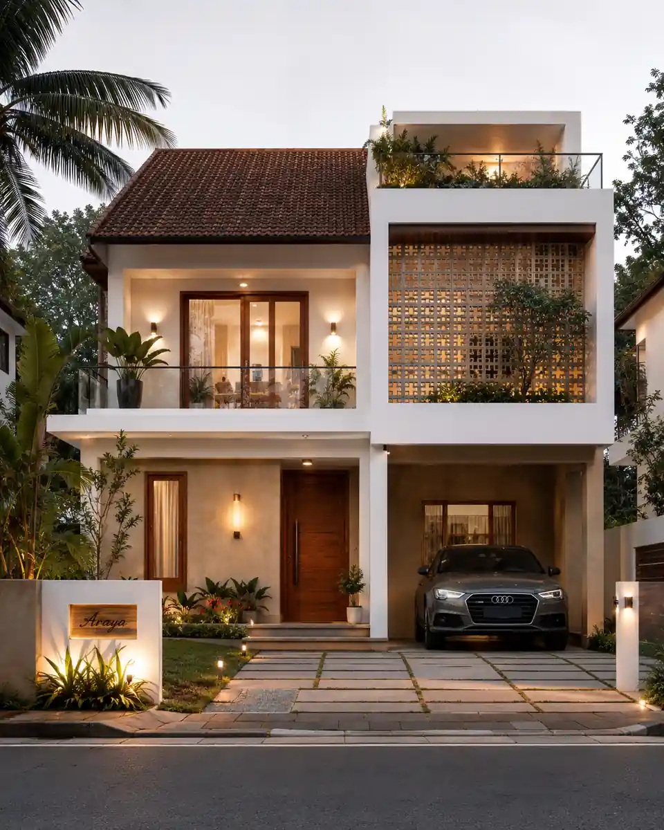 Compact two-storey home with a tiled roof, a jaali screen bay and a car parked under the upper floor