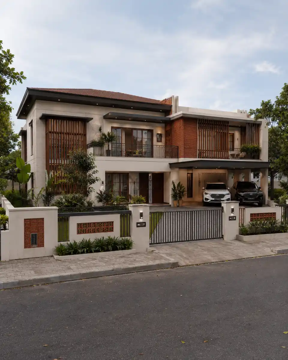 Street view of two homes behind low boundary walls and gates along a residential road