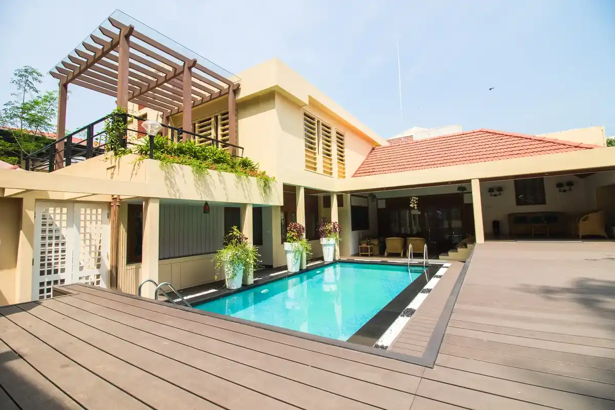 Swimming pool landscaping in Trivandrum - landscape design by Radianz, architects in Trivandrum