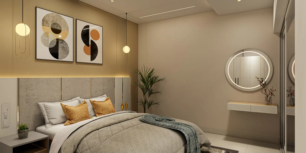 Bedroom with backlit round mirror and pendant lighting, apartment, Trivandrum - interior design by Radianz, architects in Trivandrum