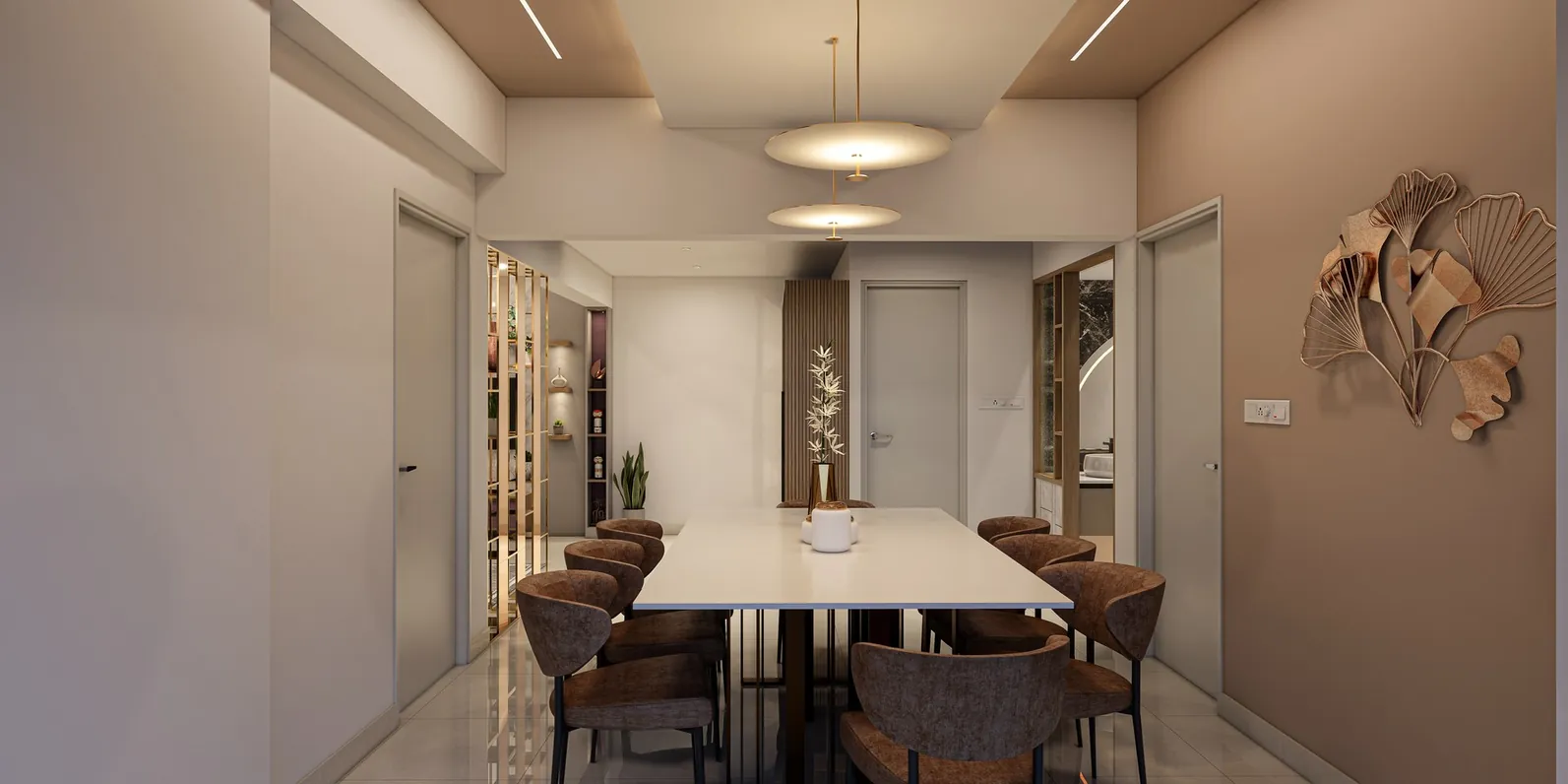 Dining area with disc pendant lights and ginkgo wall art, apartment, Trivandrum - interior design by Radianz, architects in Trivandrum