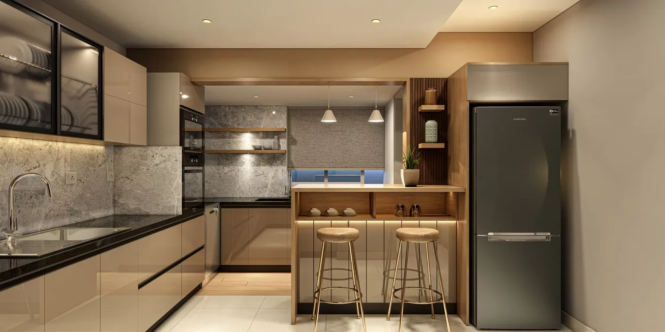 Modular kitchen with breakfast bar and gloss cabinetry, apartment, Trivandrum - interior design by Radianz, architects in Trivandrum