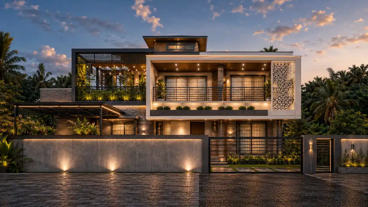 Two-storey home at dusk with a stepped front: a deep planted terrace on one side and a screened upper room on the other