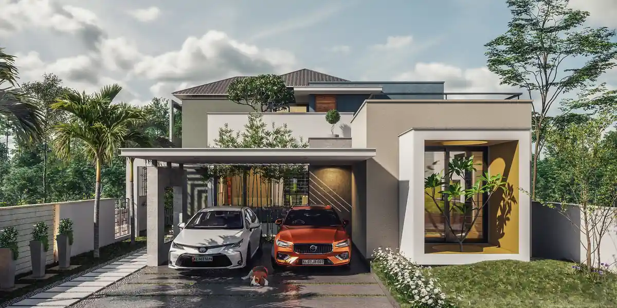 Single-storey home with a flat-roofed car porch, two cars parked and a planted courtyard wall beside the entrance