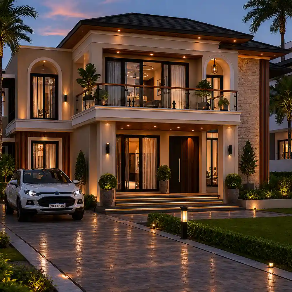 Two-storey home at dusk with arched windows, a balcony and a paved drive lined with low hedges and lamps