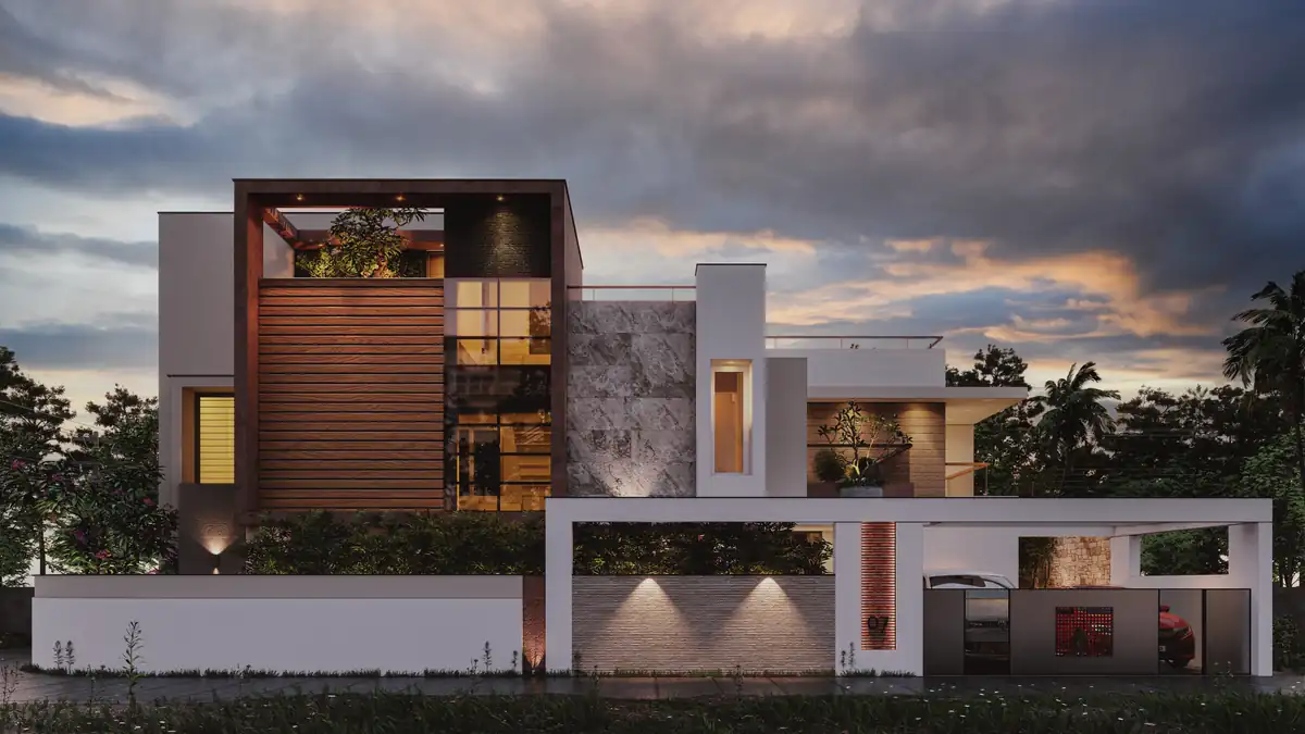 Two-storey home with a tall solid side wall in timber cladding and a long low boundary wall in front