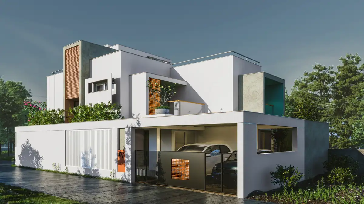 White two-storey home with a car porch on one side and an open strip of garden between the house and the side boundary wall