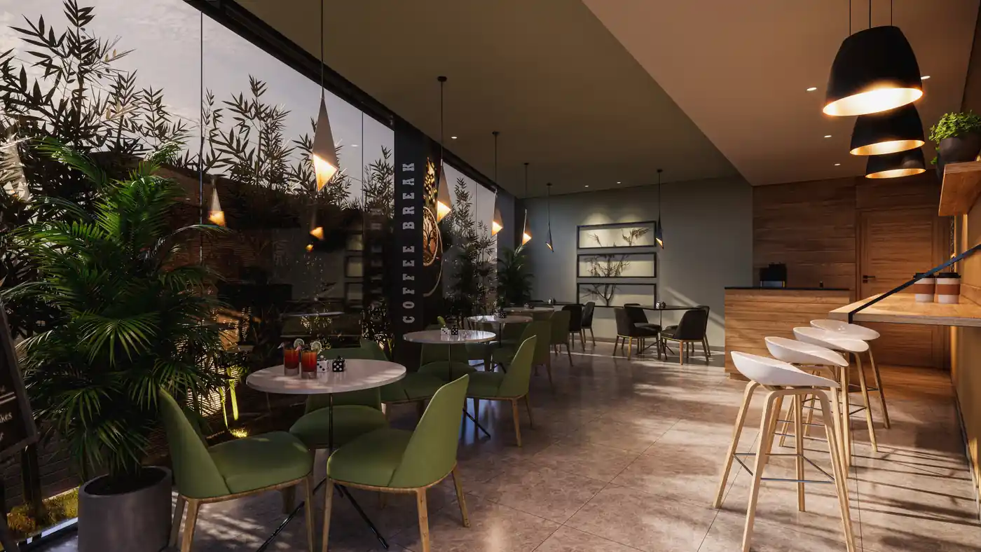 Coffee shop interior at Amigos Hotel, Trivandrum - hotel interior design by Radianz, architects in Trivandrum