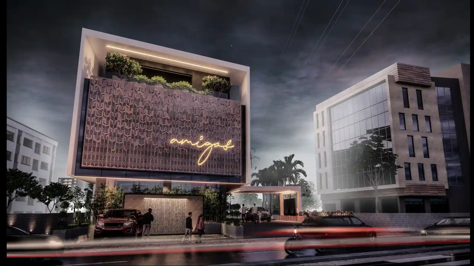 Hotel at night in Trivandrum designed by Radianz