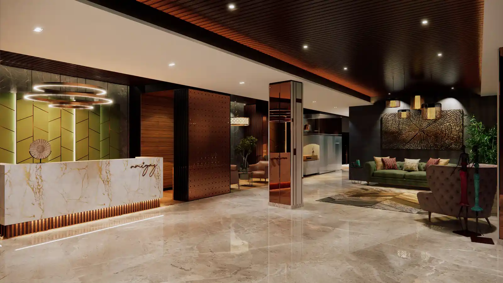 Lobby side view at Amigos Hotel, Trivandrum - hotel interior design by Radianz, architects in Trivandrum
