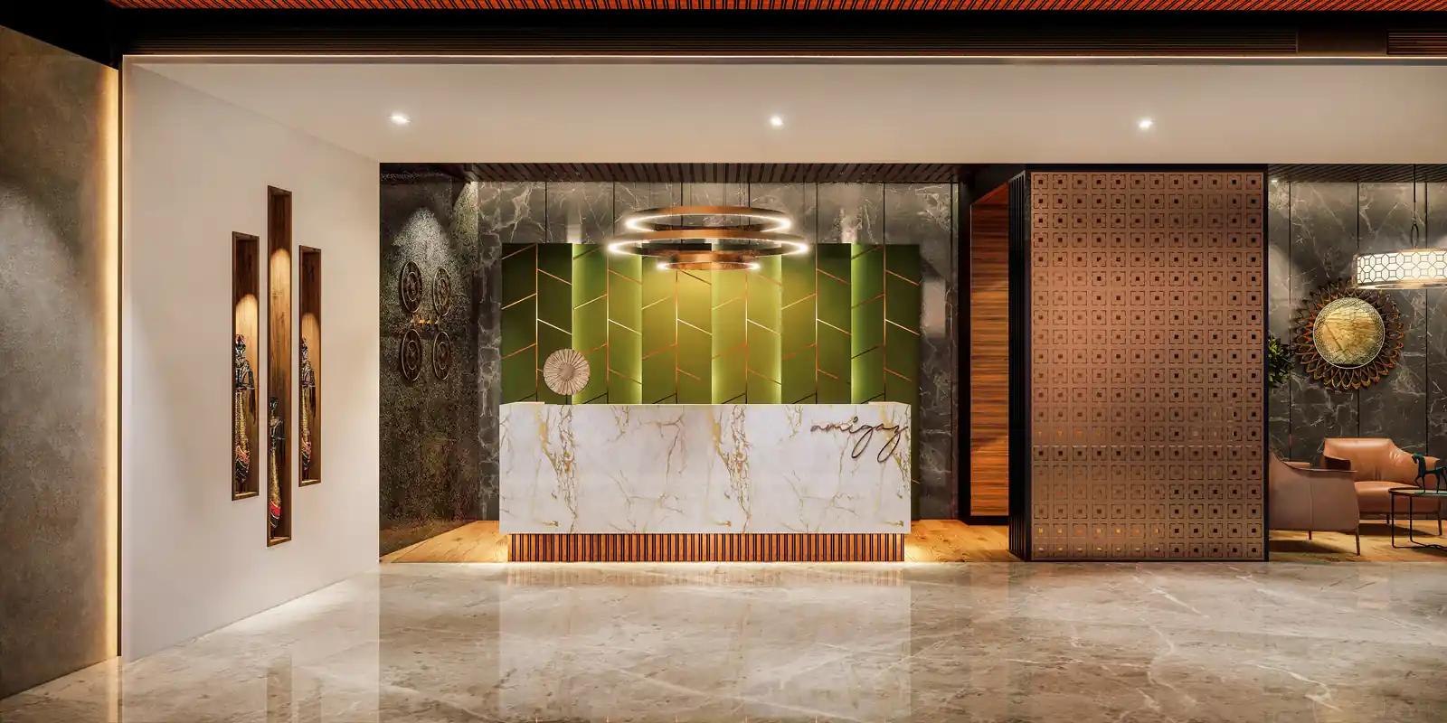 Reception lobby at Amigos Hotel, Trivandrum - hotel interior design by Radianz, architects in Trivandrum