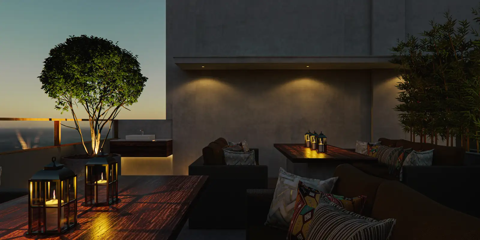 Terrace bar at dusk at Amigos Hotel, Trivandrum - hotel interior design by Radianz, architects in Trivandrum
