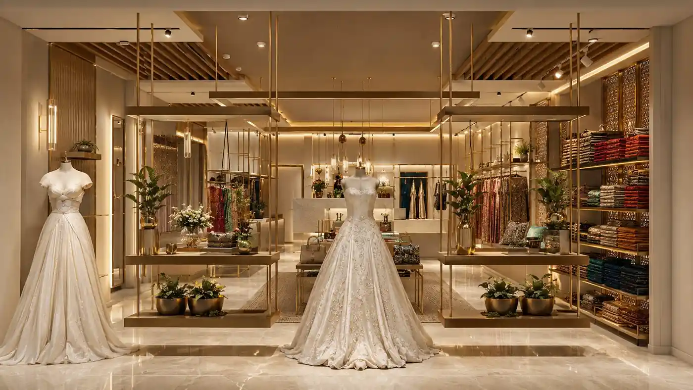 Bridal gown display at Aquaria Boutique, Kerala - retail interior design by Radianz, architects in Trivandrum