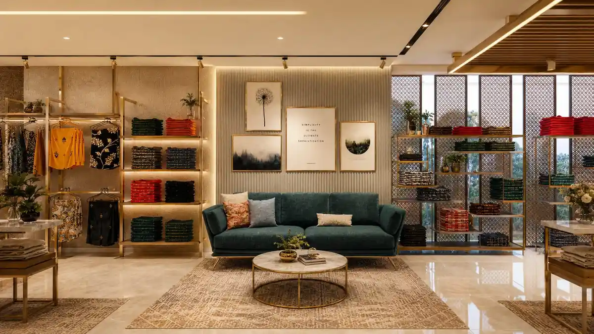 Lounge seating at Aquaria Boutique, Kerala - retail interior design by Radianz, architects in Trivandrum