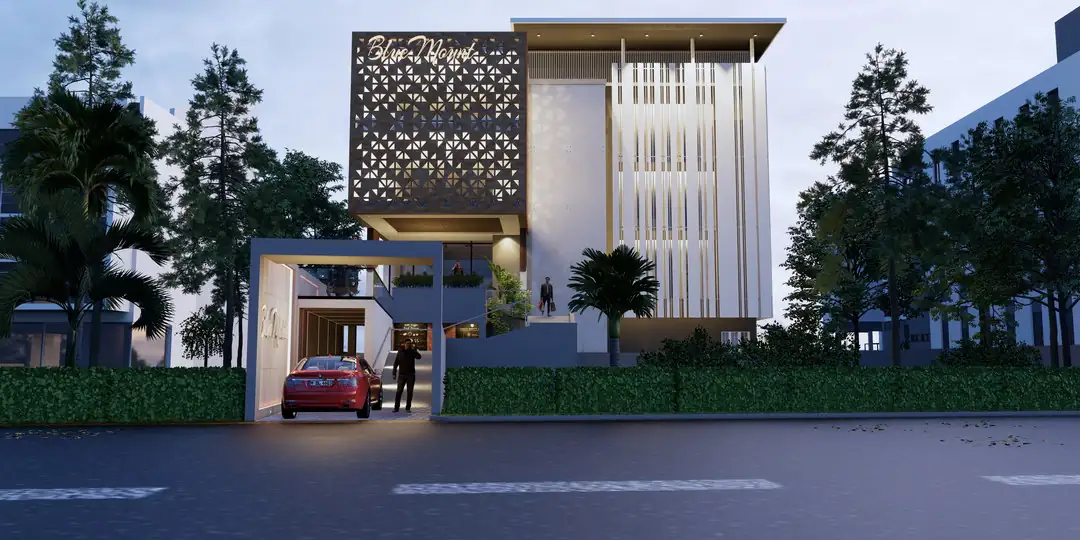 Entrance elevation at Blue Mount Villa, Ochira - residential architecture by Radianz, architects in Trivandrum