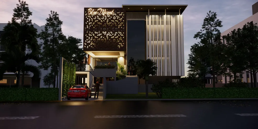 Facade at night at Blue Mount Villa, Ochira - residential architecture by Radianz, architects in Trivandrum
