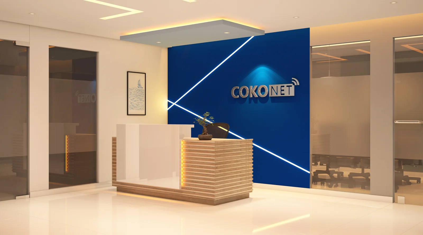 Reception signage at Cokonet Academy, Kerala - workplace interior design by Radianz, architects in Trivandrum