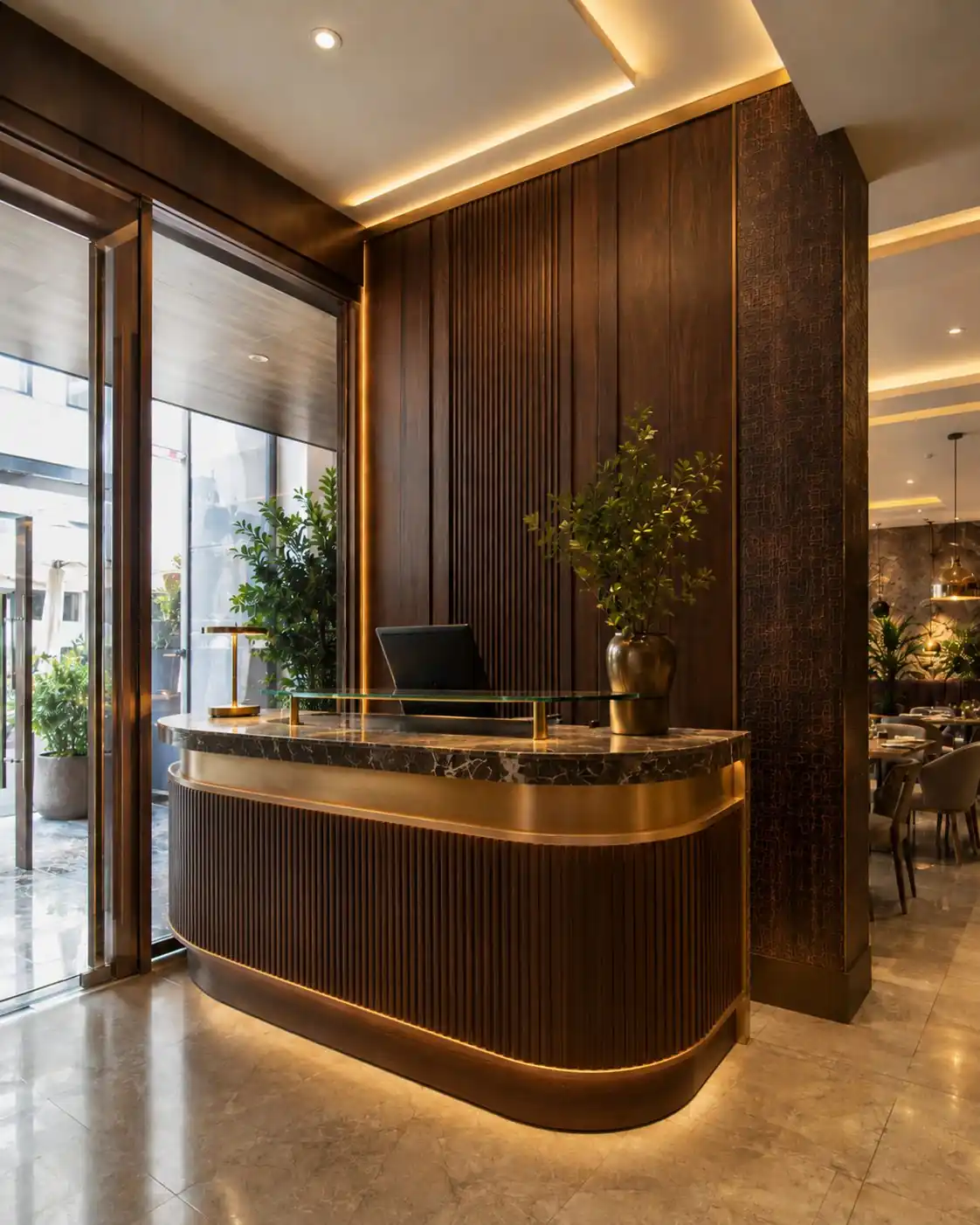 Reception desk at De Paris Restaurant, Kerala - restaurant interior design by Radianz, architects in Trivandrum
