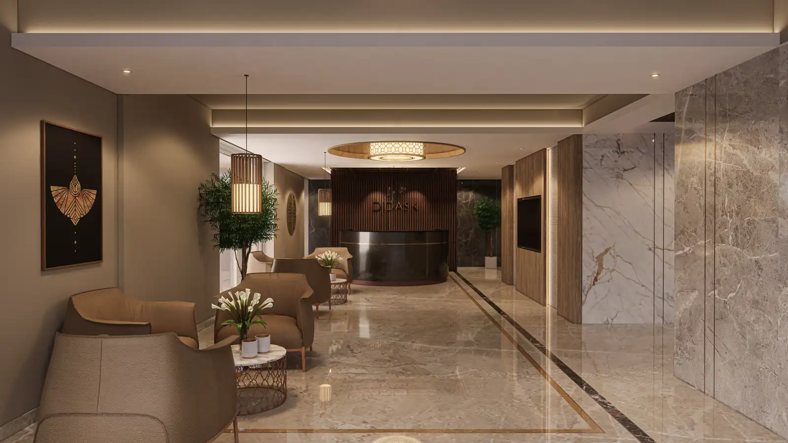 Lobby reception lounge at Didask, Trivandrum - mixed-use development interior design by Radianz, architects in Trivandrum
