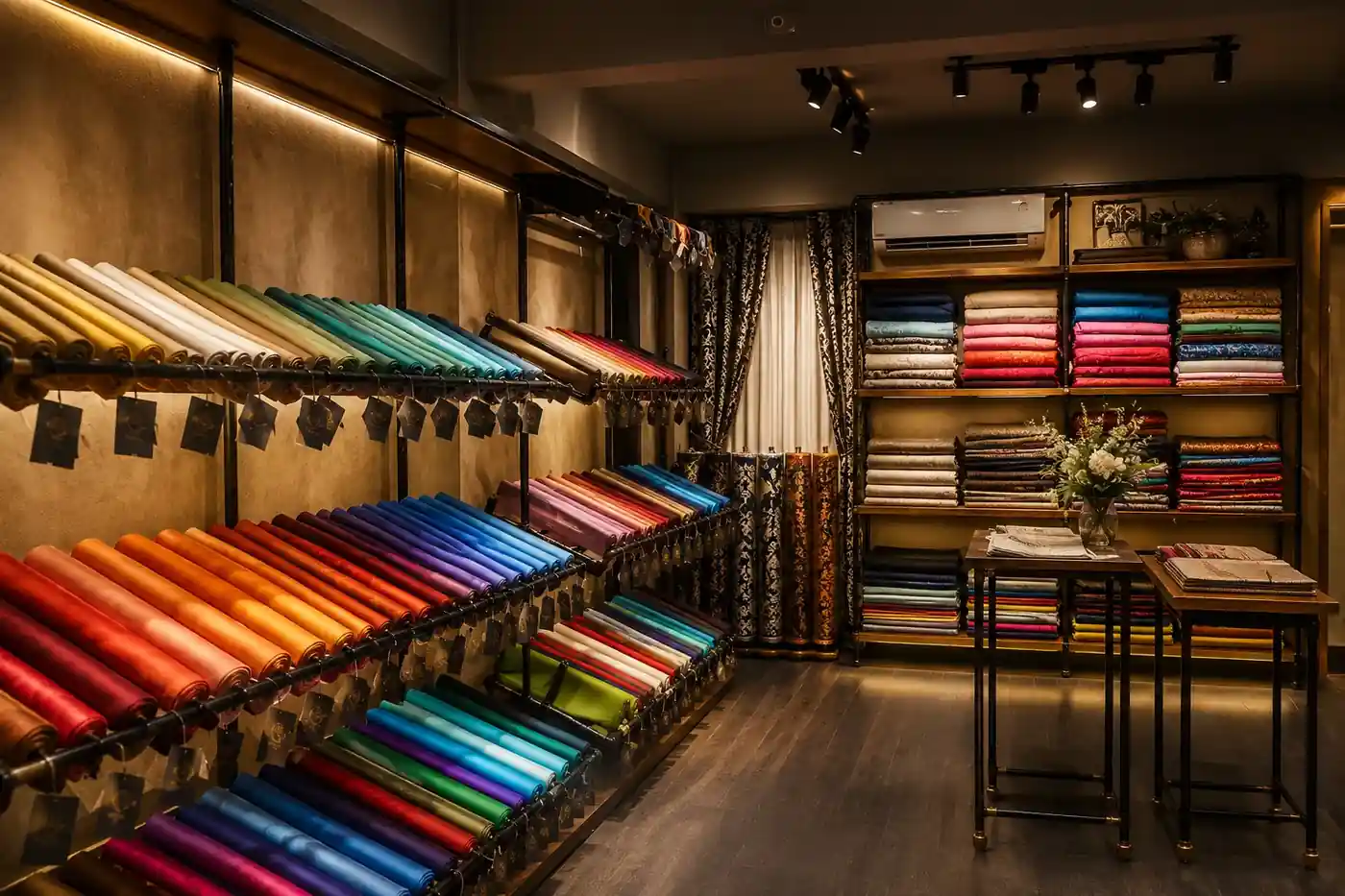 Textile store fabric display at Faga, Kerala - retail interior design by Radianz, architects in Trivandrum