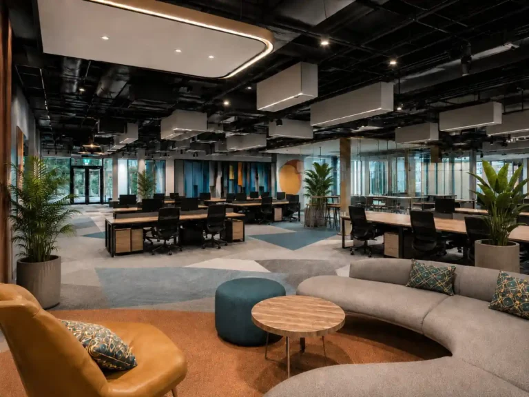 Completed open-plan office with desk clusters, a curved lounge sofa and planting under an exposed services ceiling, Kerala
