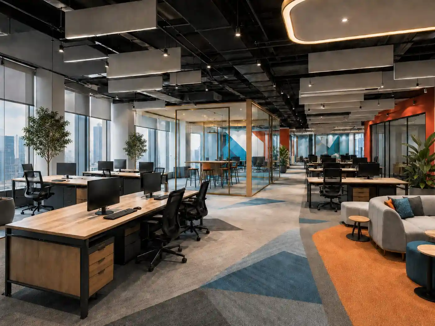 Office glass cabins with city view at Intellivra, Kerala - workplace interior design by Radianz, architects in Trivandrum