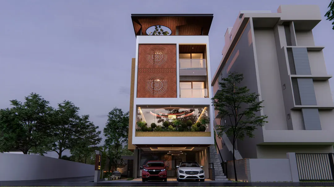Elevation at Jawahar Nagar Residence, Kerala - residential architecture by Radianz, architects in Trivandrum