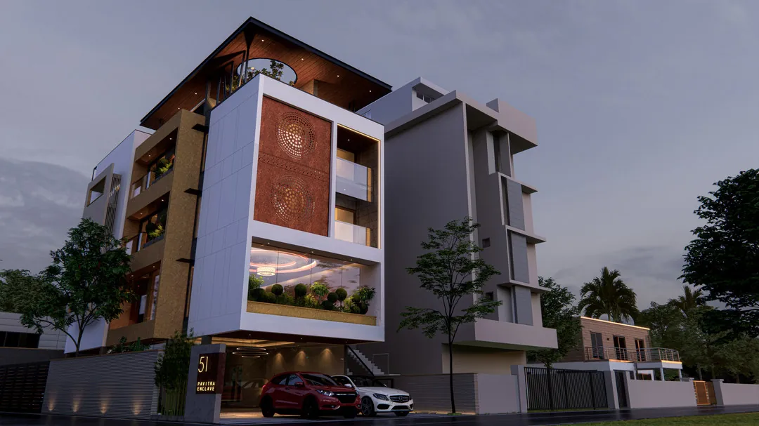 Facade at Jawahar Nagar Residence, Kerala - residential architecture by Radianz, architects in Trivandrum