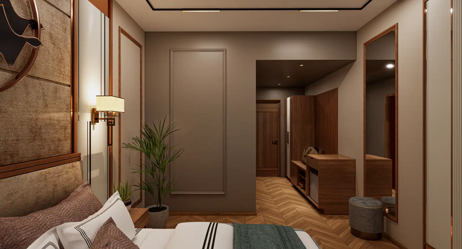 Bedroom interior at Joys Beach Resort, Thirumullavaram, Kollam - resort interior design by Radianz, architects in Trivandrum