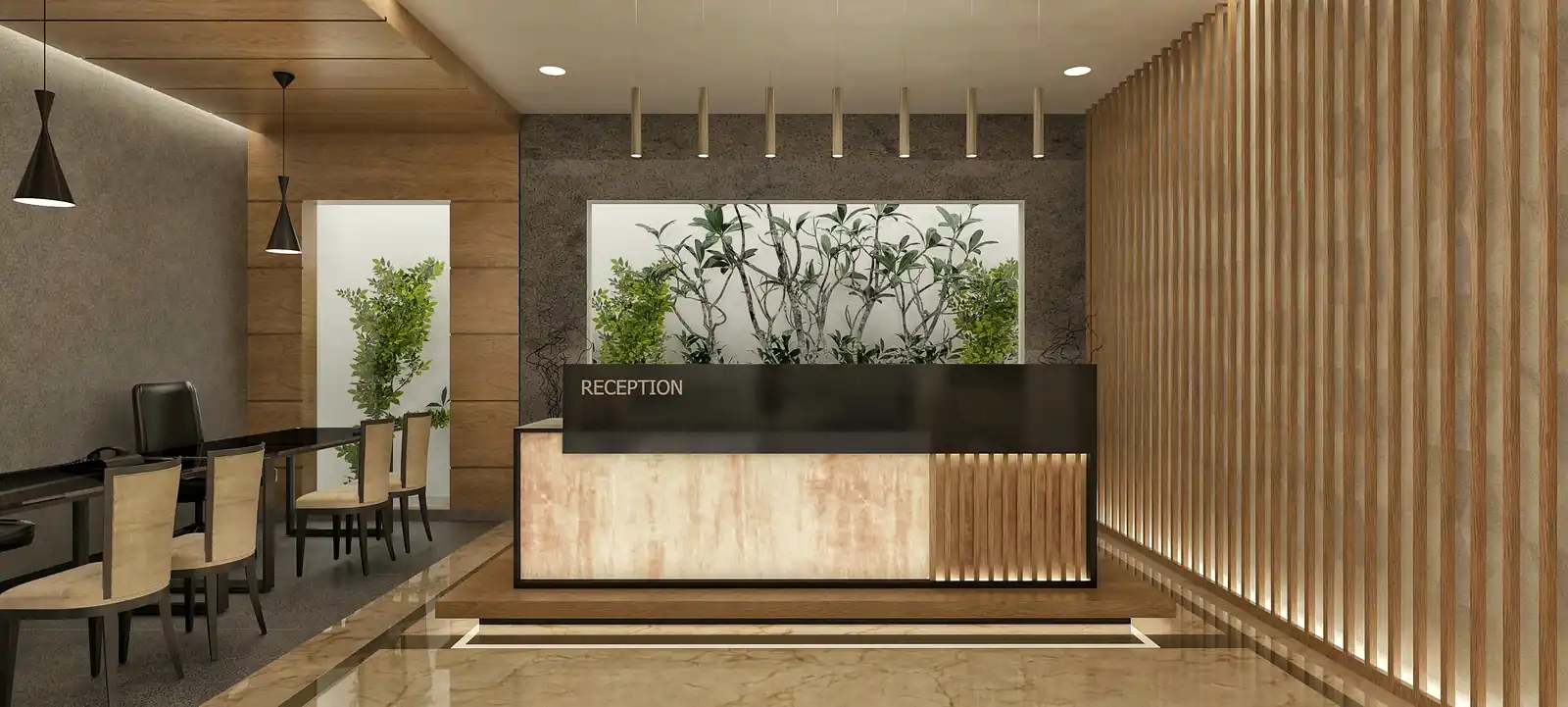 Lobby reception at Lekshmi Hotel, Paripally - hotel interior design by Radianz, architects in Trivandrum