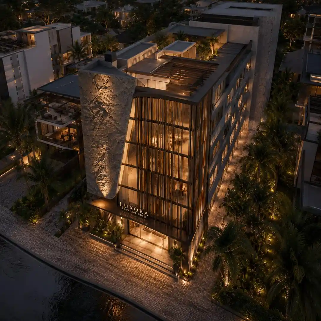 Aerial night view at Luxora Boutique Hotel, Kerala - hotel architecture by Radianz, architects in Trivandrum