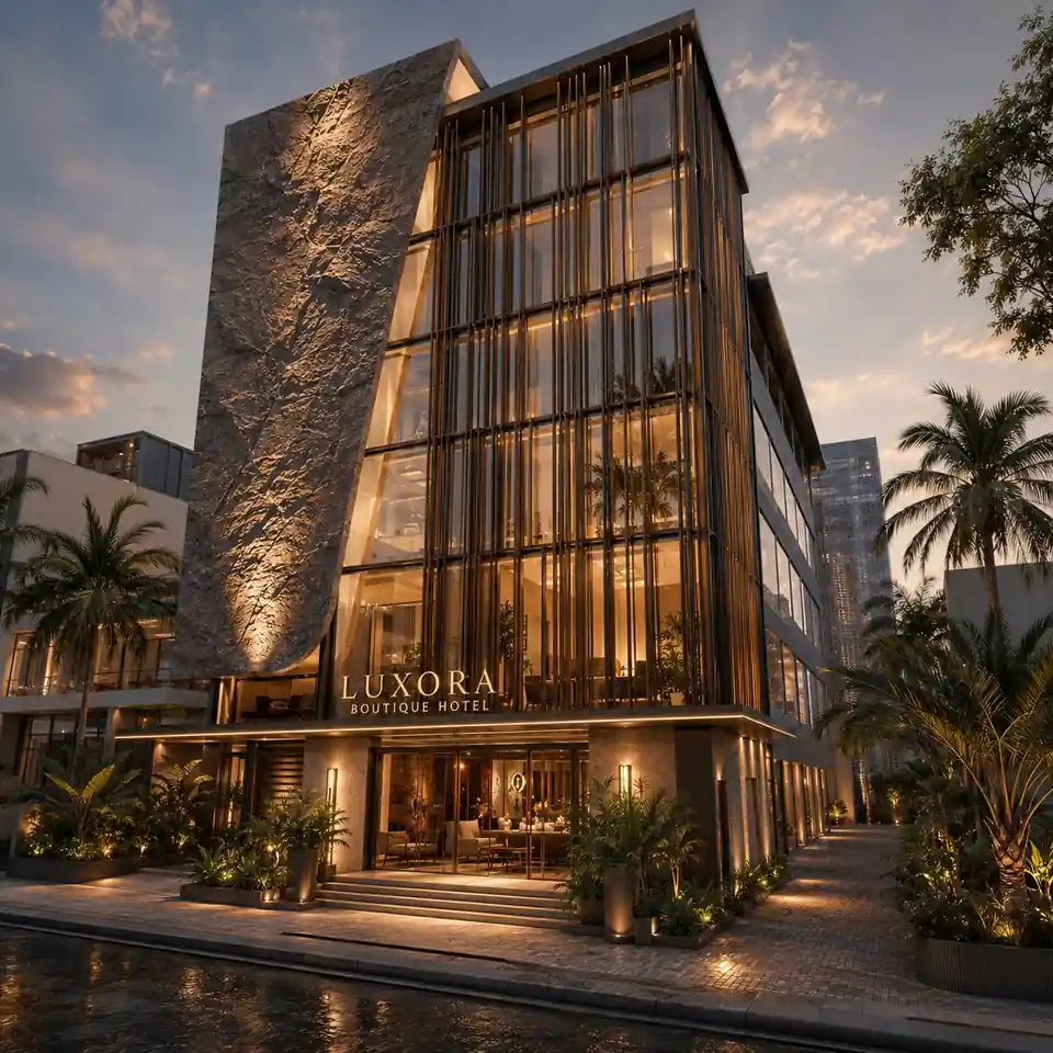 Facade at dusk at Luxora Boutique Hotel, Kerala - hotel architecture by Radianz, architects in Trivandrum