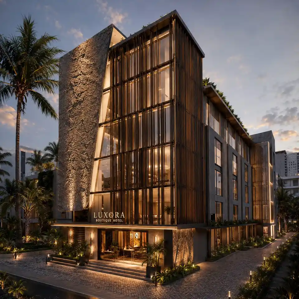 Side elevation at twilight at Luxora Boutique Hotel, Kerala - hotel architecture by Radianz, architects in Trivandrum