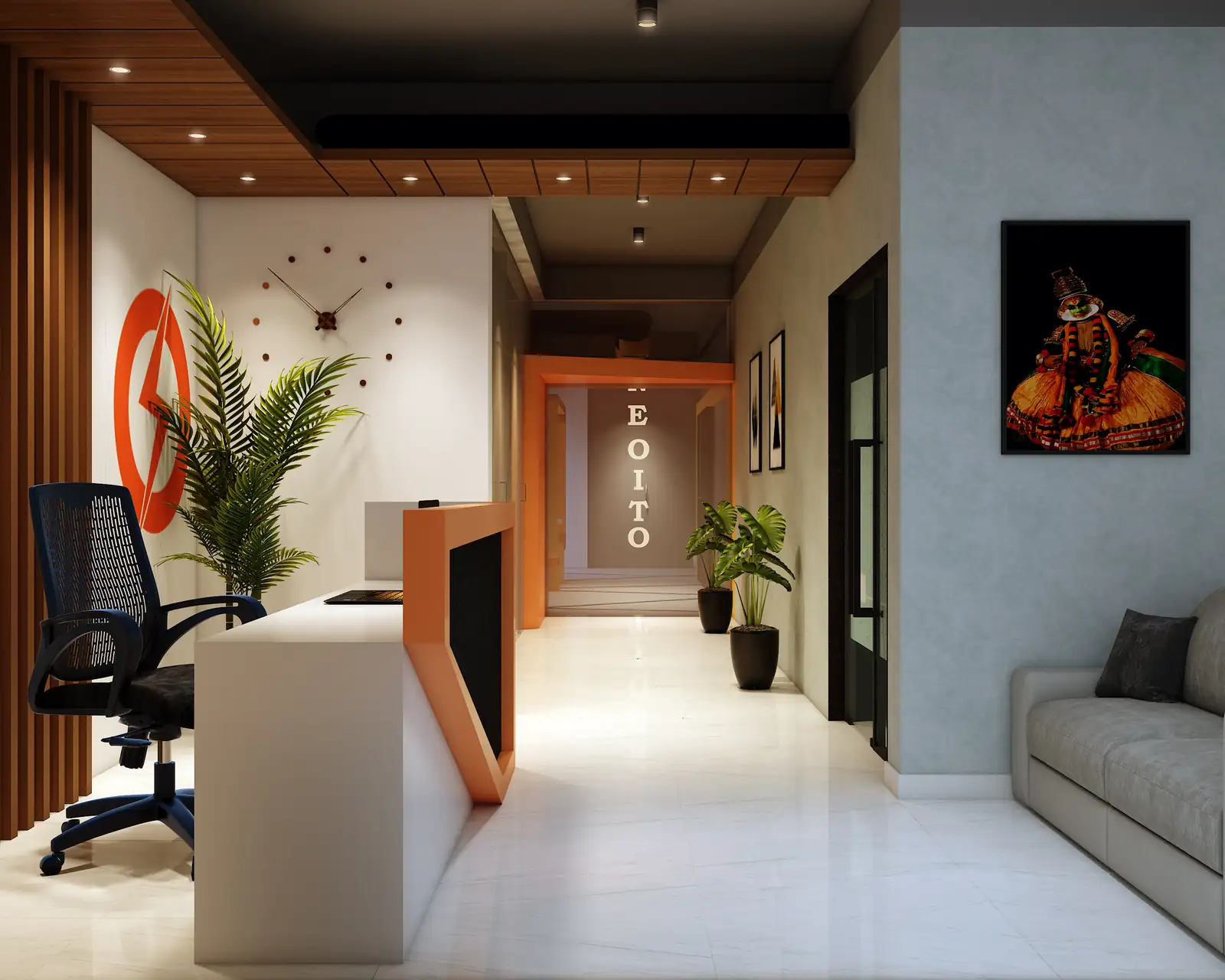 Office reception at NeoIT, Pattom, Trivandrum - workplace interior design by Radianz, architects in Trivandrum