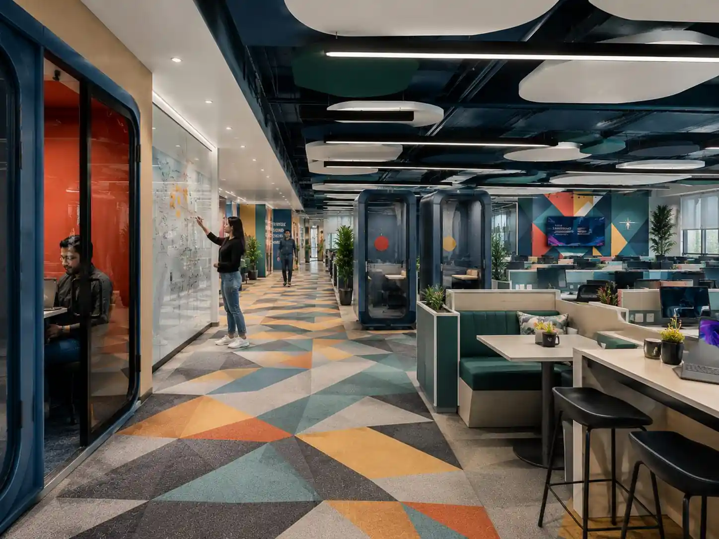Office breakout collaboration zone at Orynx, Kerala - workplace interior design by Radianz, architects in Trivandrum
