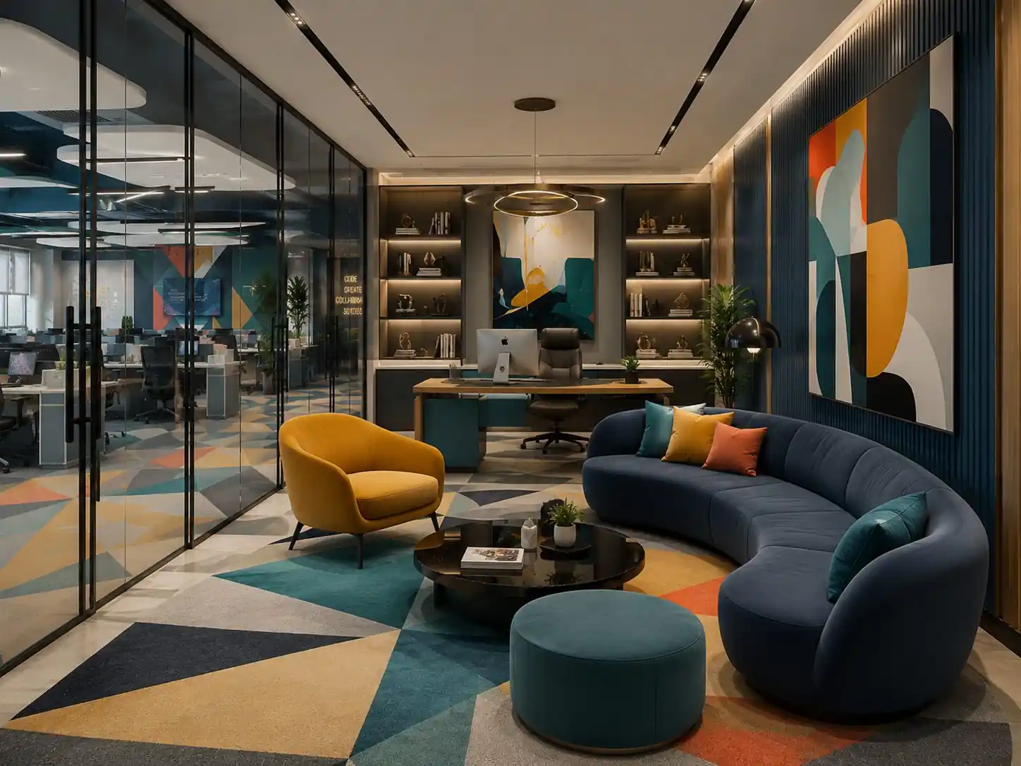 Office executive cabin lounge at Orynx, Kerala - workplace interior design by Radianz, architects in Trivandrum