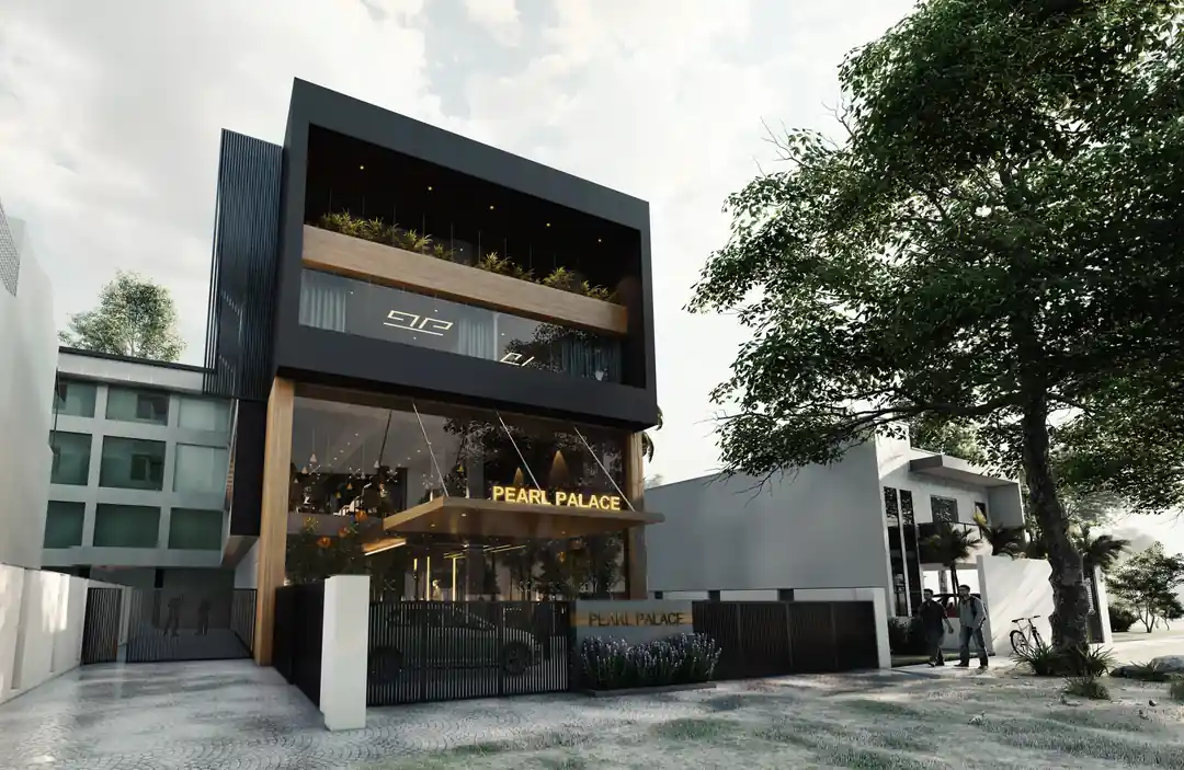 Tower elevation at Pearl Palace, Attingal, Trivandrum - commercial architecture by Radianz, architects in Trivandrum