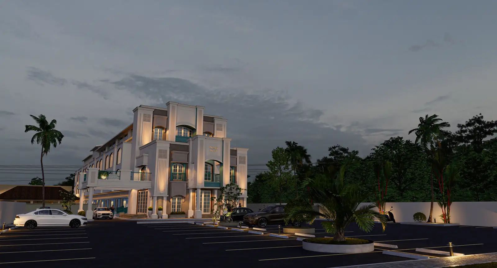 Elevation at night at Prince Hotel, Alappuzha - hotel architecture by Radianz, architects in Trivandrum