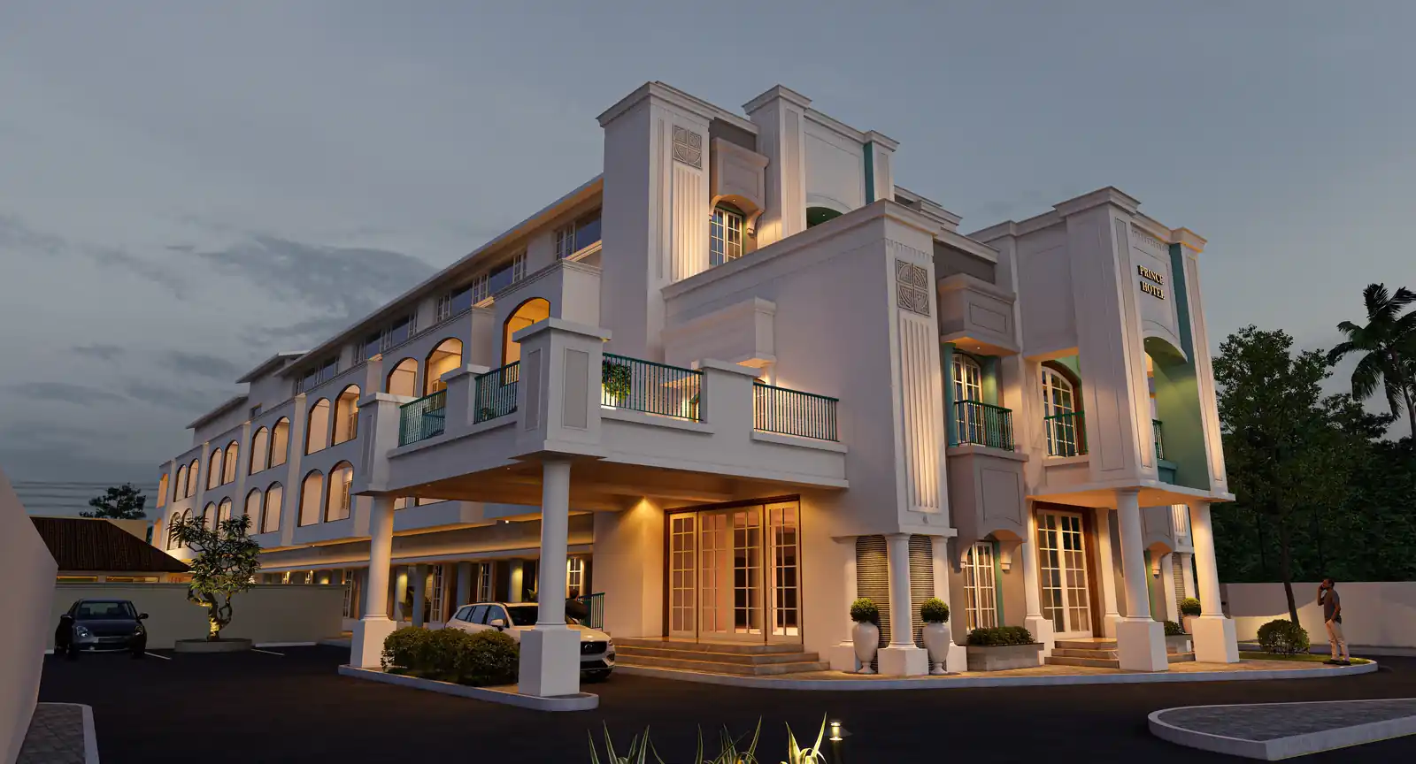 Facade at Prince Hotel, Alappuzha - hotel architecture by Radianz, architects in Trivandrum