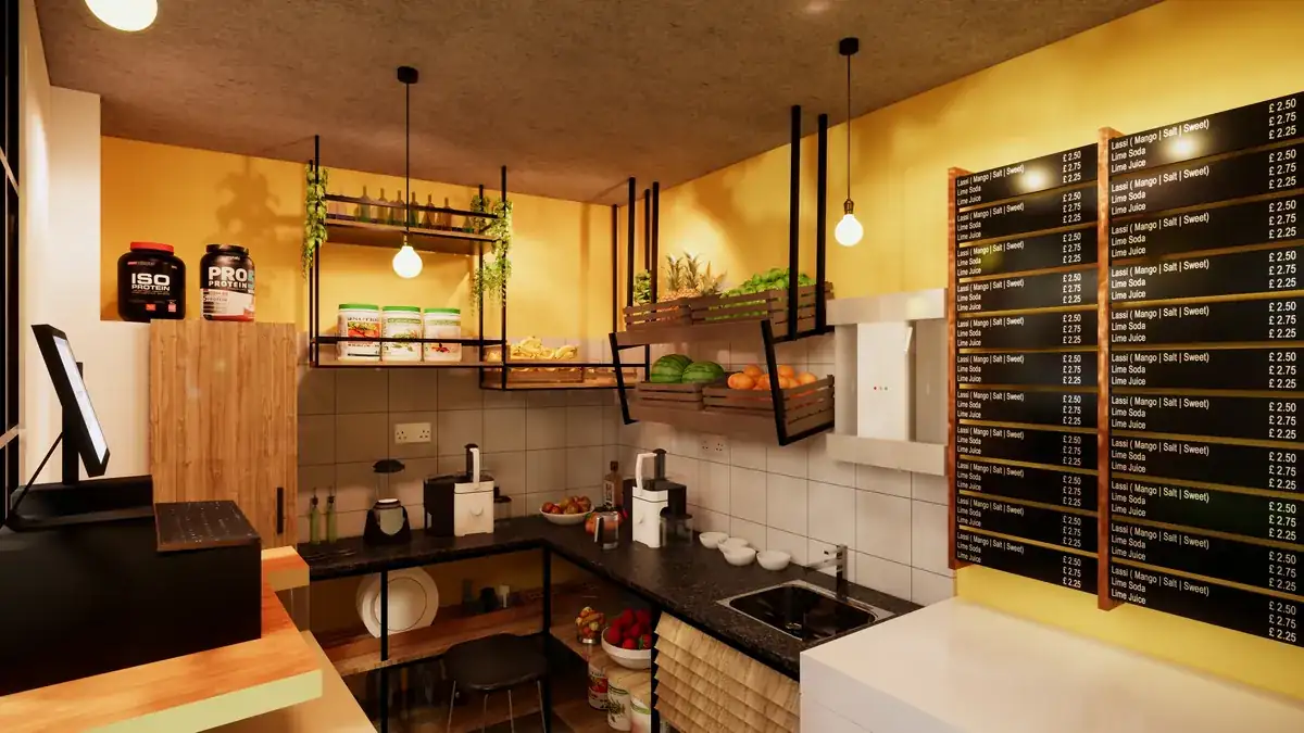 Interior ceiling at Pure Crush Juice Bar, Kerala - cafe interior design by Radianz, architects in Trivandrum